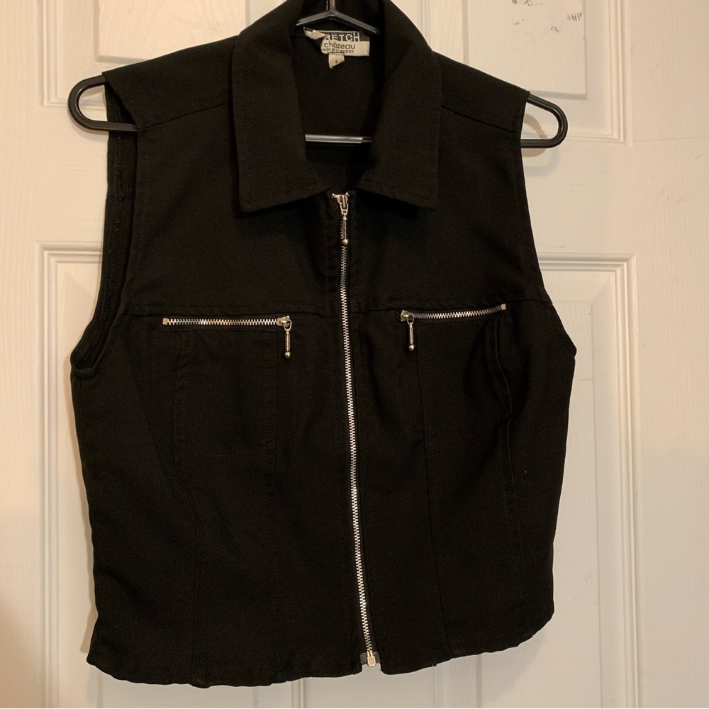Le Chateau Black Vest with Sleeveless Design and Full-Length Zipper